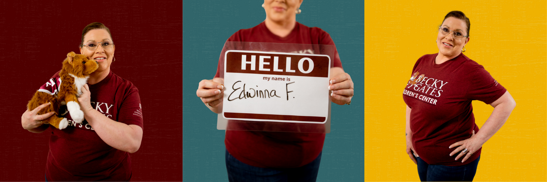 Collage of three photos of Edwina, one holding a Reveille toy, one holding a sign with her name on it, and one with er looking at the camera and smiling.