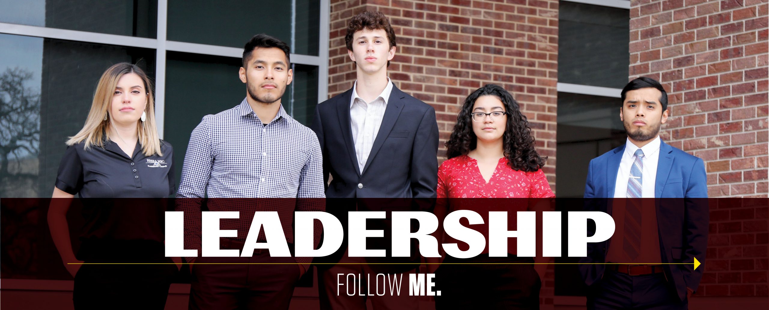 Group of 5 diverse students with a graphic that reads "Leadership; Follow Me" 