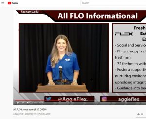 Screenshot of Freshman Leadership Advisory Council virtual informational session. Pictured is a female student in a blue polo speaking.