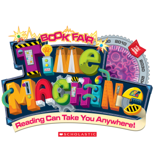 Scholastic Book Fair Theme logo says "time machine"