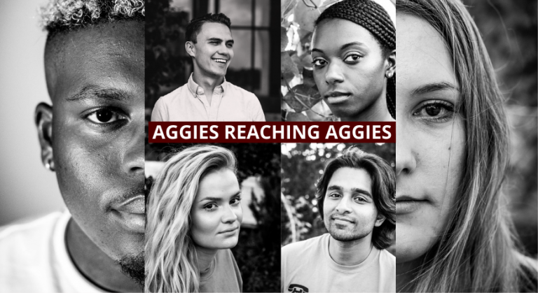 Image of student faces with the words Aggies Reaching Aggies