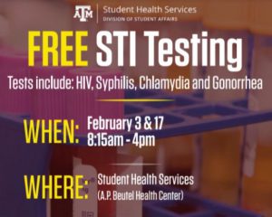 word graphic flyer: Free STI Testing, When: February 3&17, 8:15 am to 4 pm, Where: Student Health Services, A.P. Beutel Health Center