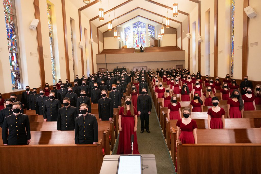 Image of Singing Cadets and Women's Chorus while performing masked and socially distanced in