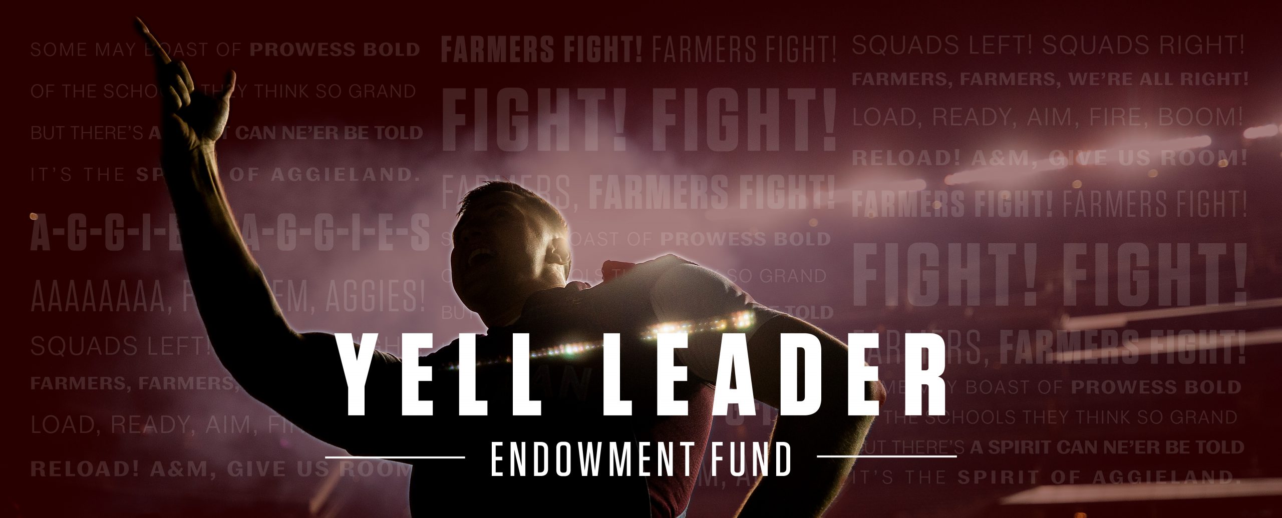 Image of Yell Leader mid yell with words from yells in the background. in the foreground, the words Yell Leader Endowment fund