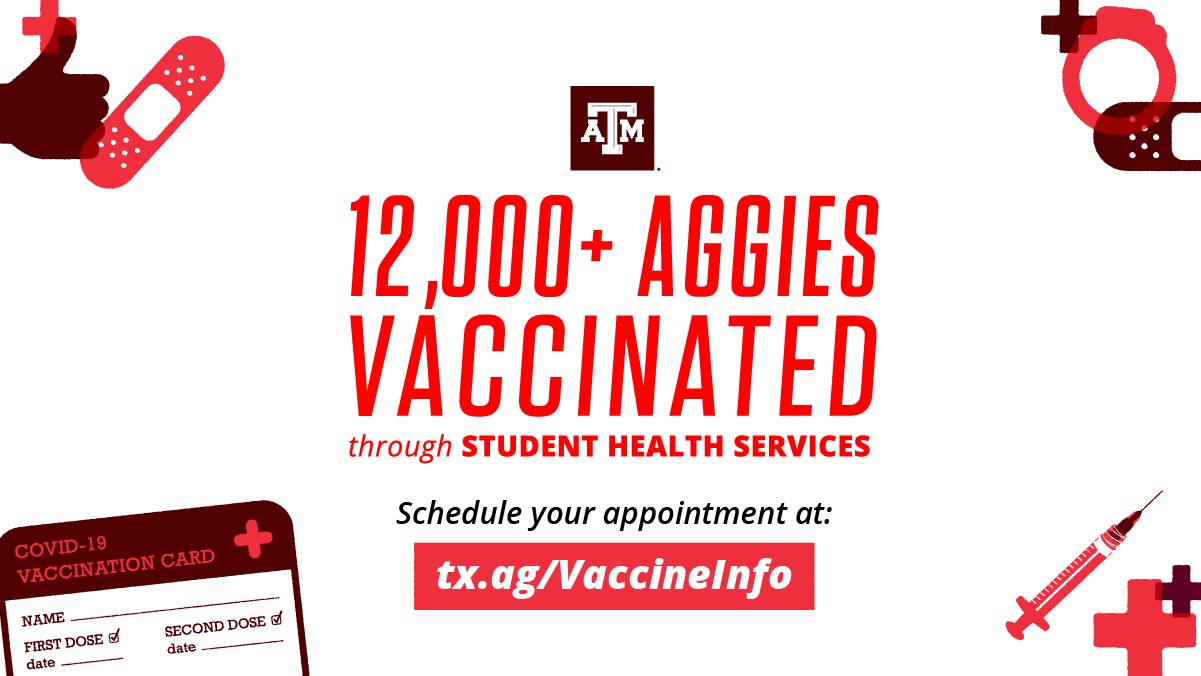 word graphic that says 12,000+ aggies vaccinated through student health services
