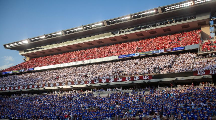 Image of more than 75,000 red, white and blue sections at Kyle Field, recreating the iconic Red, White, and Blue Out game from 2001