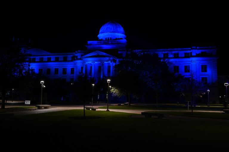 Texas A&M Academic Building is lit blue in recognition of World Teacher’s Day