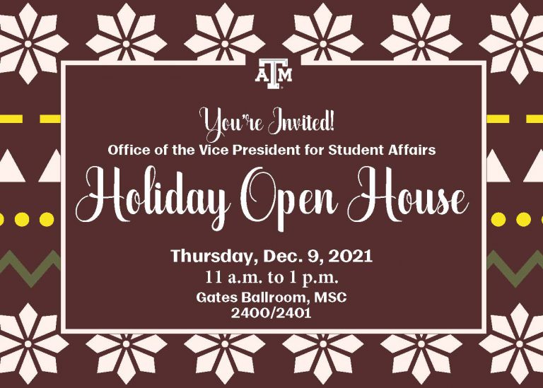 Holiday Open House You are Invited Thursday Dec 9 2021 11 am.. to 1 p.m. Gates Ballroom MSC Rooms 2400 2401