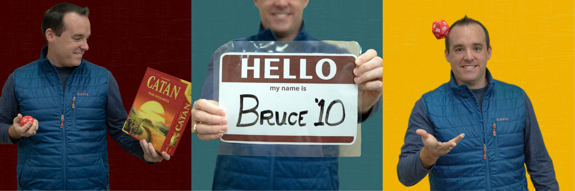 Collage of three photos of Bruce Brown holding board games and a sign that says, "Hello my name is Bruce."
