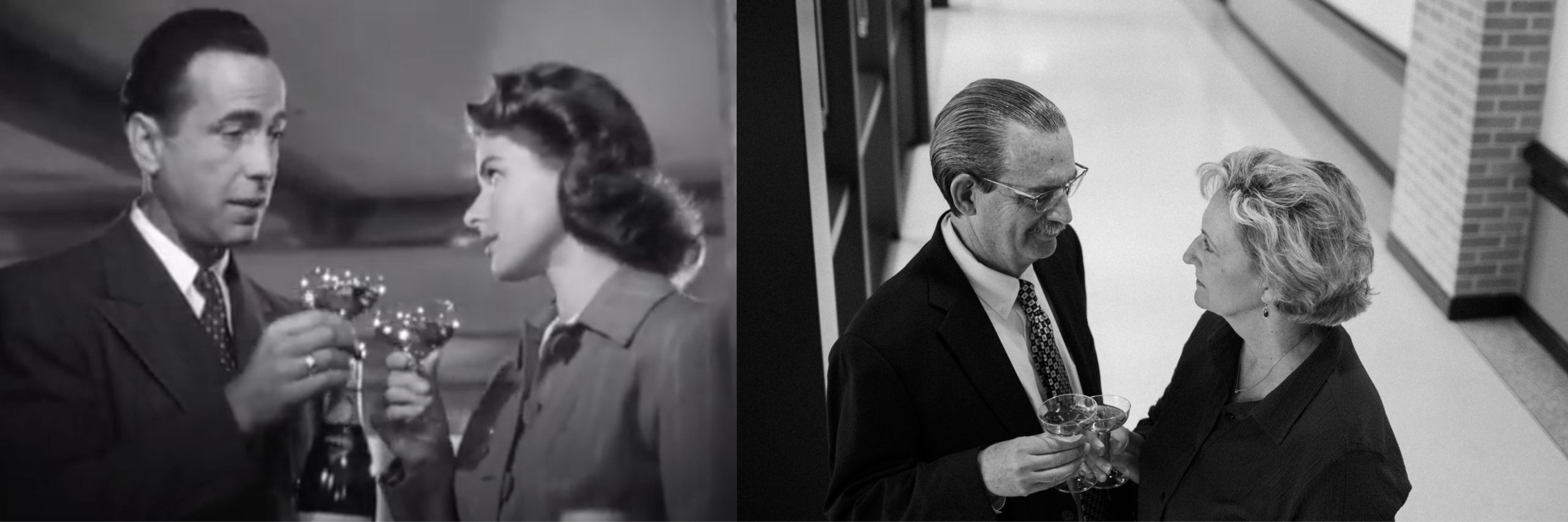 Black and white side by side images of a man and woman looking at each other and clinking their drink glasses together.