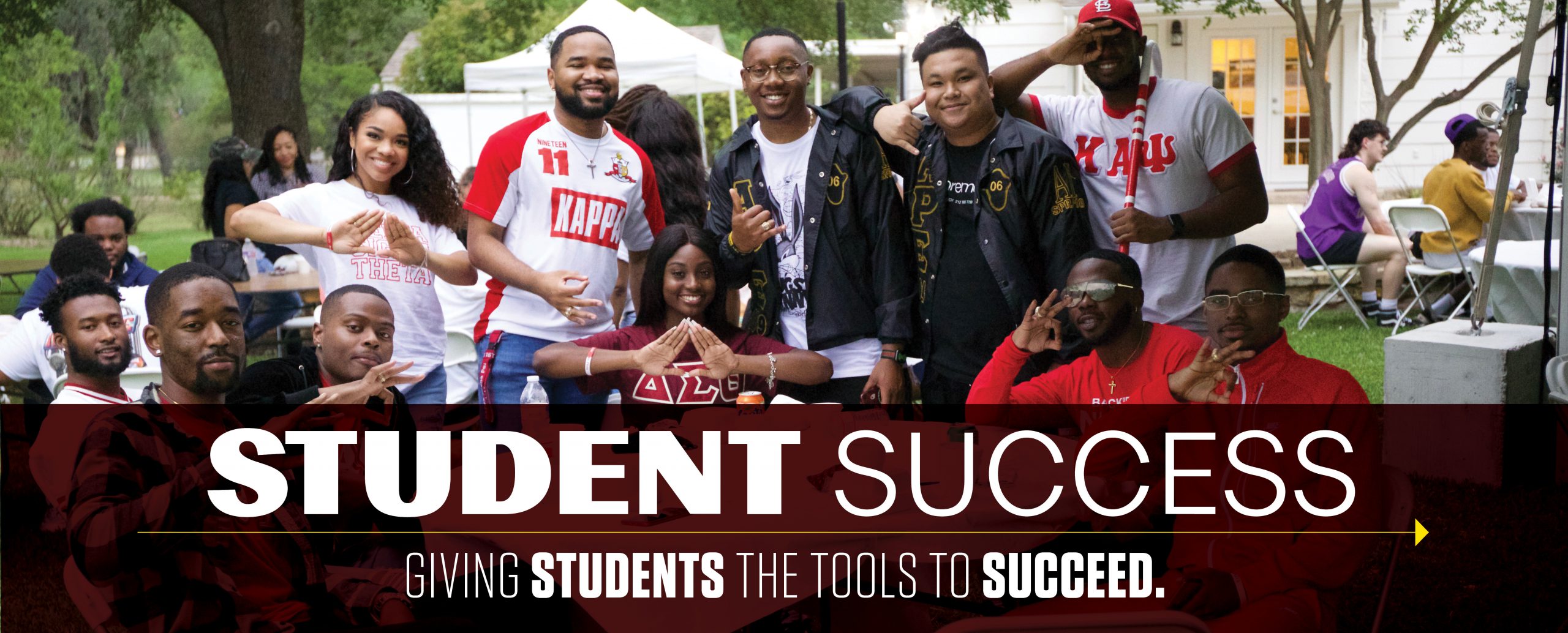 Image students at NPHC BBQ with a graphic displayed over that reads "Student Success; Giving Students the tools to Succeed" 