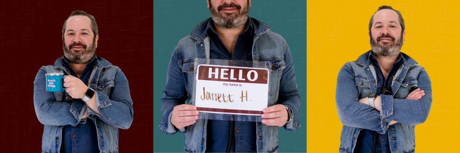 Collage of three photos of Jarrett, one holding his mug, one holding a sign with his name on it, and one with her looking at the camera and smiling.