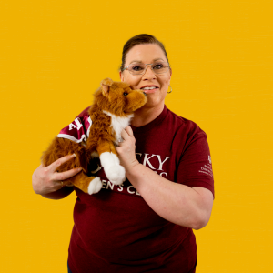 photo of Edwina Ferguson with Reveille plushie