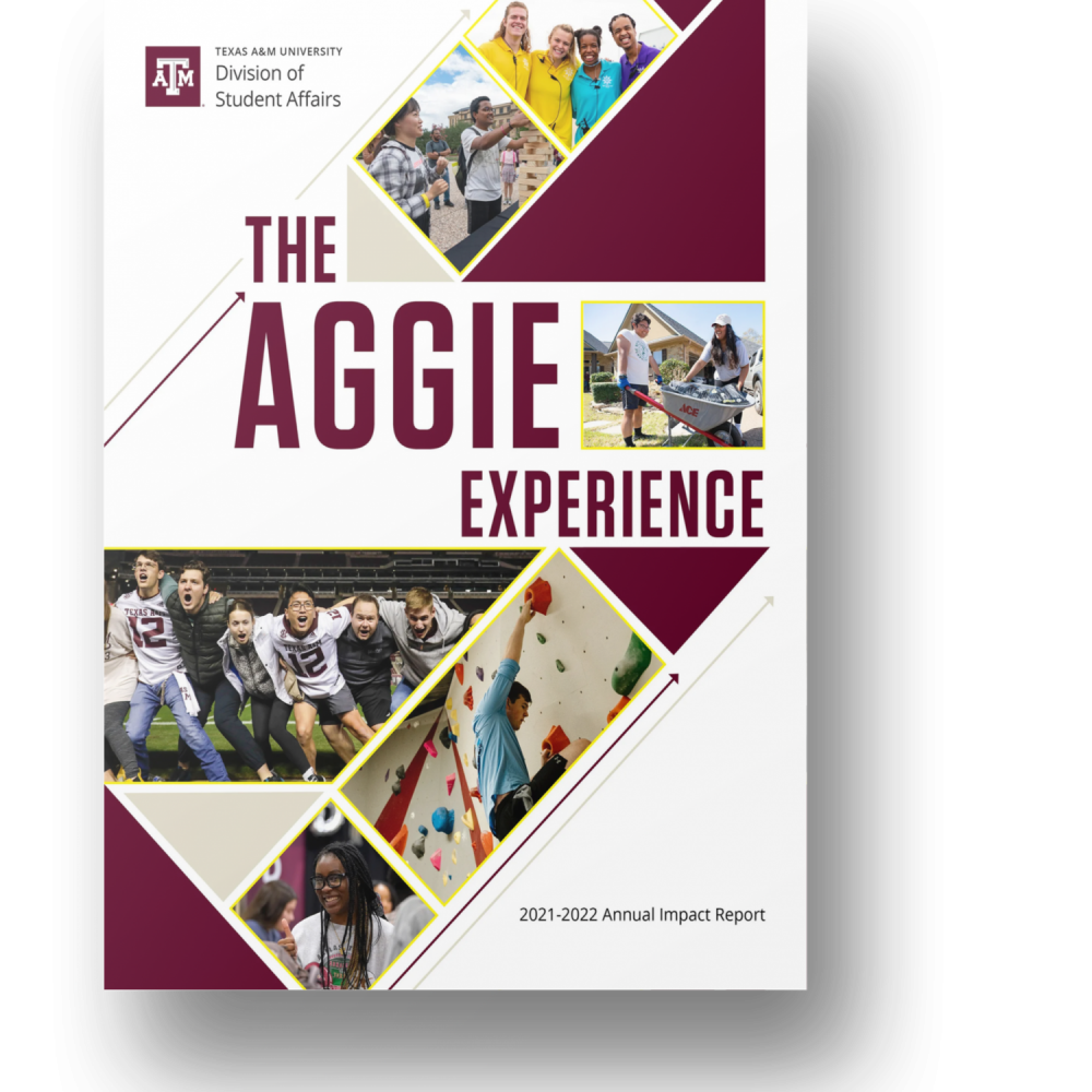 DSA Annual Report 2022 Cover. Title of report: The Aggie Experience. The cover also features a collage of photos in various sizes and shapes.