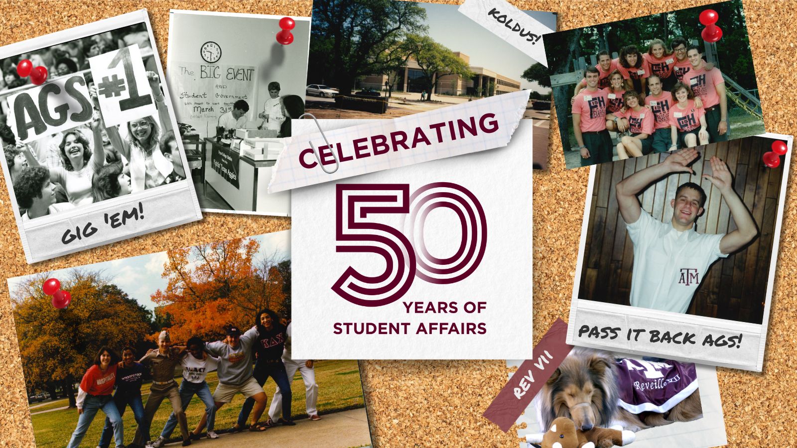 Bulletin board graphic with historical photos of the Division of Student Affairs and the words "Celebrating 50 Years of Student Affairs"