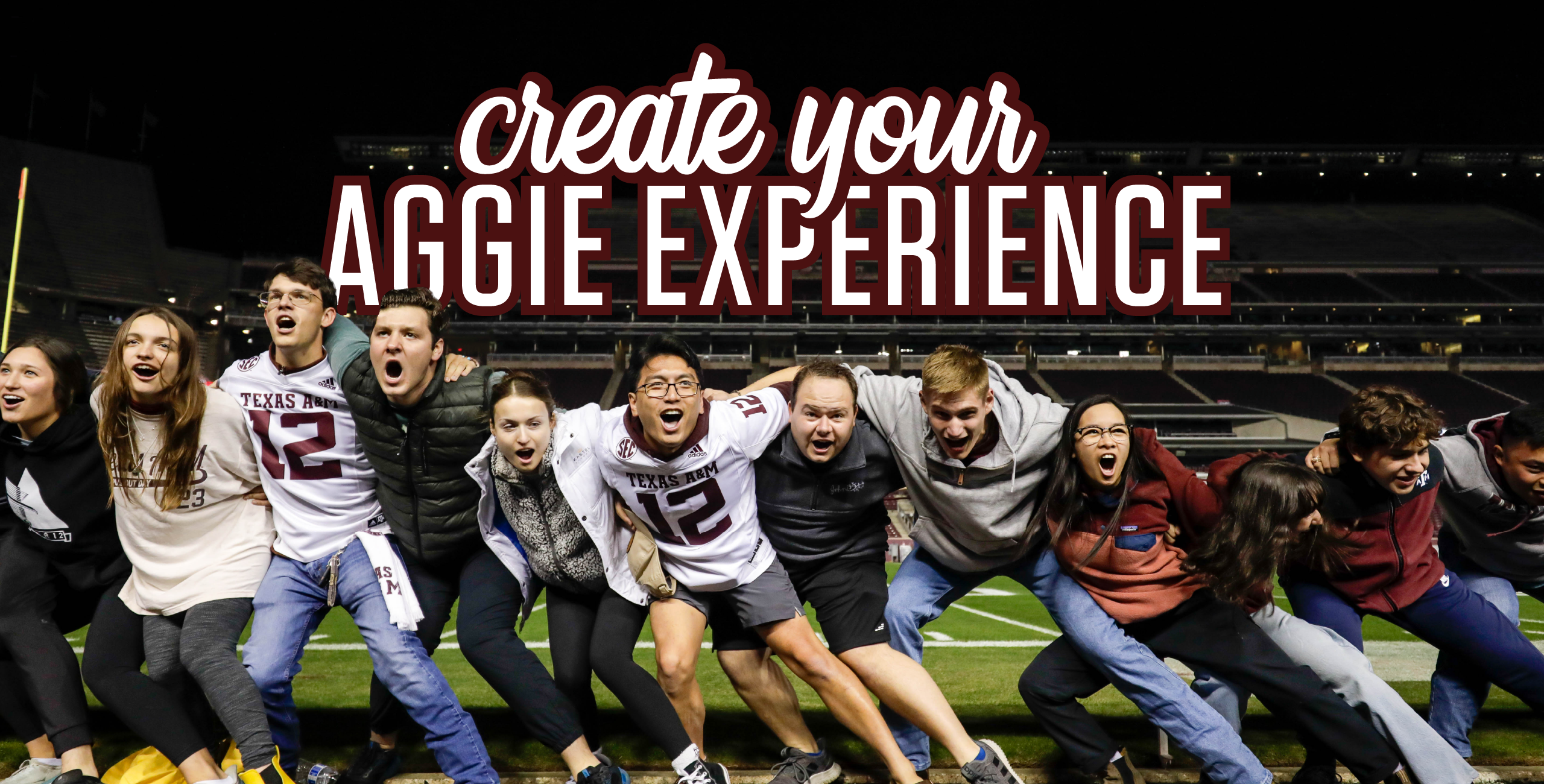 Text create your aggie experience above a line of students singing the war hymn