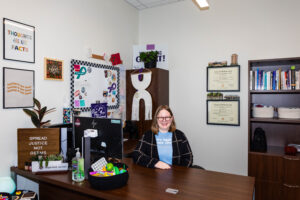 Megan Buck in her office in the Student Services Building.