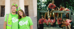 Two photos next to each other: One of Fish Camp co-chairs standing next to each other and smiling. The other a historical photo of a Fish Camp group.