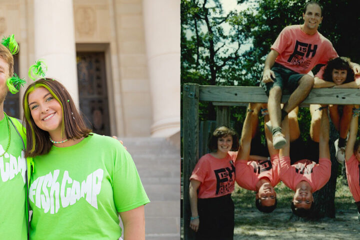 Two photos next to each other: One of Fish Camp co-chairs standing next to each other and smiling. The other a historical photo of a Fish Camp group.