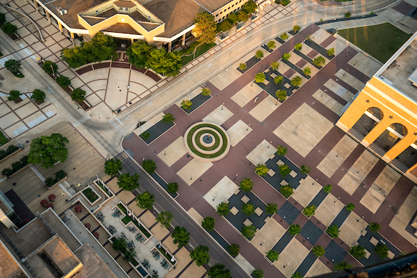 aerial shot of campus including the john j koldus building and kyle field plaza