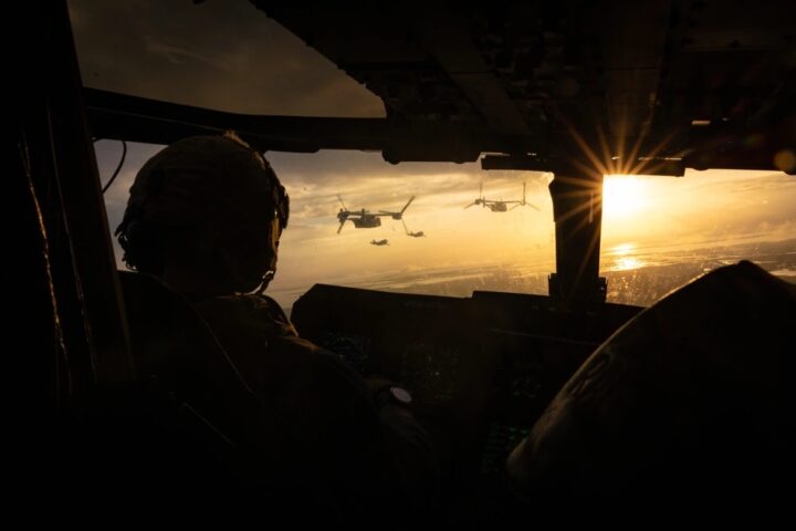 Photo taken from inside a V-22 Osprey looking out over New Orleans