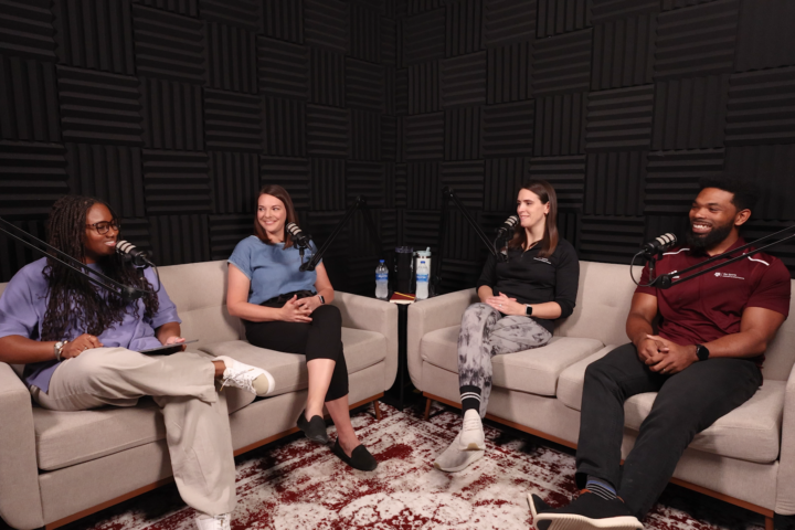 On Air with Student Affairs podcast studio with host and three guests sitting on couches