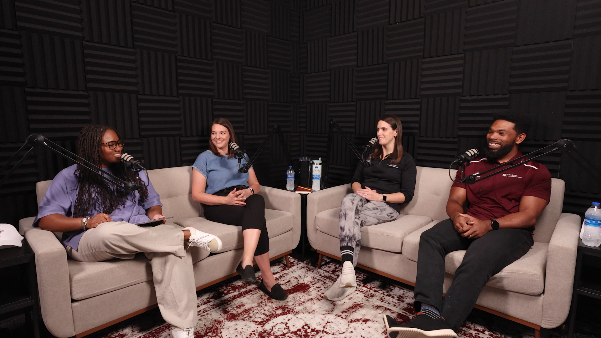 On Air with Student Affairs podcast studio with host and three guests sitting on couches
